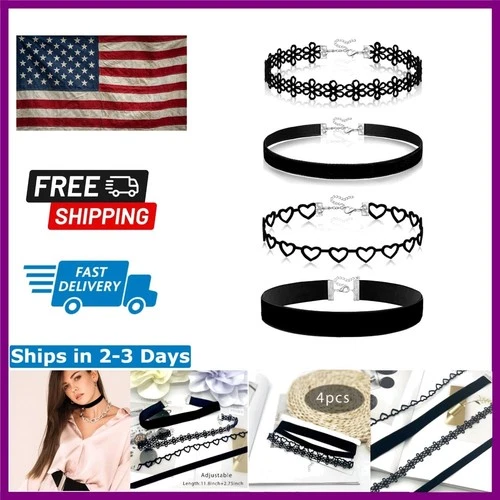 Elegant Black Velvet Choker Necklace Set for Women - 4pcs Adjustable Style - product listing photo