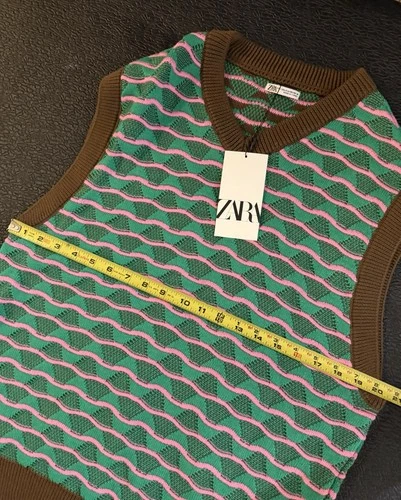 Zara Men’s V-Neck Sleeveless Knit Sweater Vest Striped Green Pink Brown S/M image 6