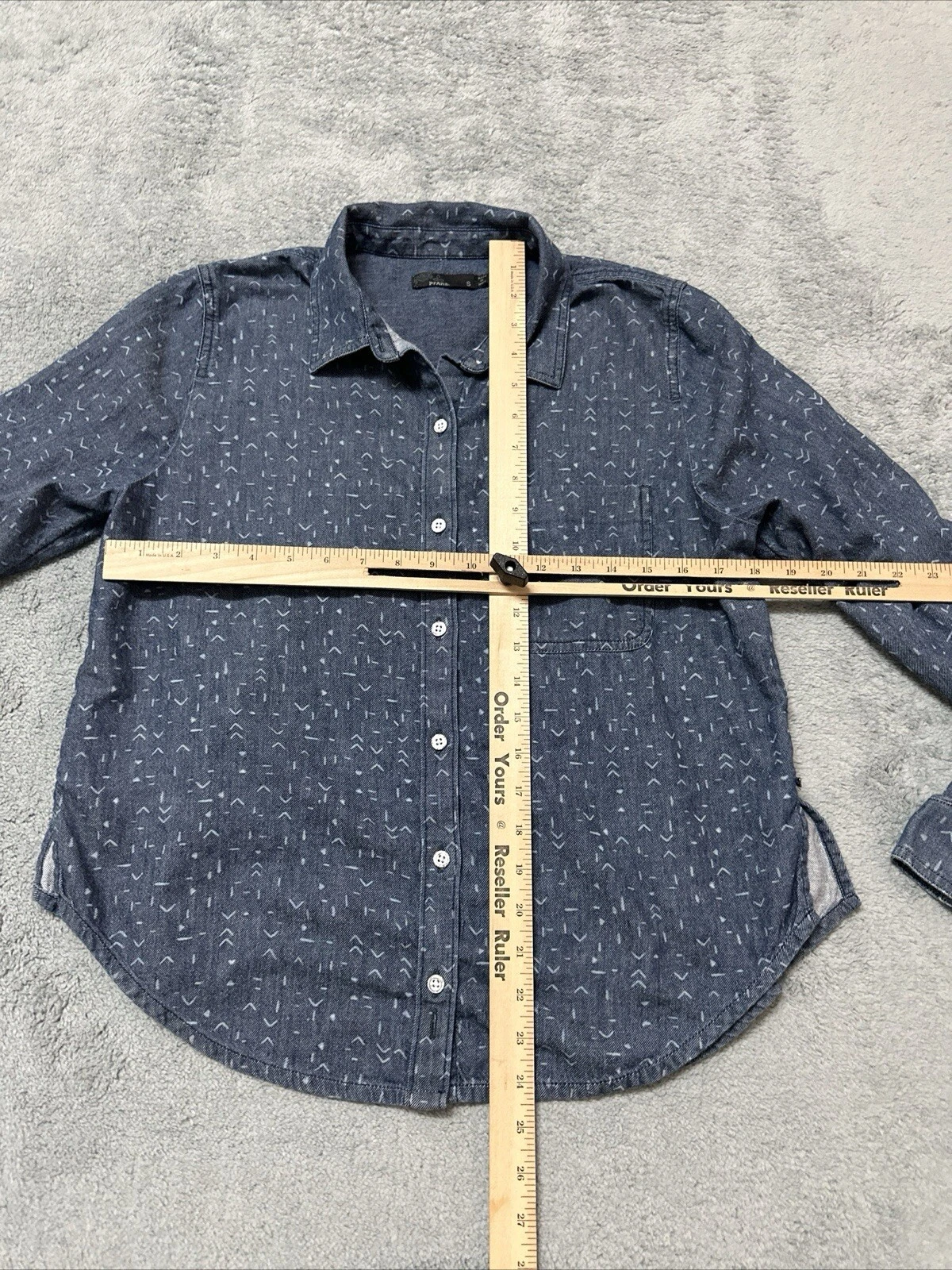 prana washed out denim button geometric side slit shirt