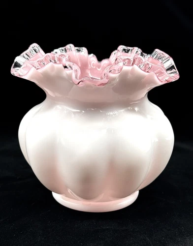 Vintage Fenton White Cased Pink Rose Bowl Melon Vase Ruffled Silver Crest 5.5”