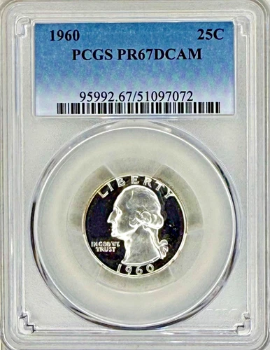 1960 PROOF WASHINGTON QUARTER PCGS PR67 DCAM, DENSE DEEP CAMEOS, DARK BLK FIELDS