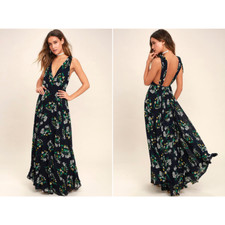 Lulus Remember the Days Navy Blue Floral Deep V-Neck Open-Back Maxi Dress Medium