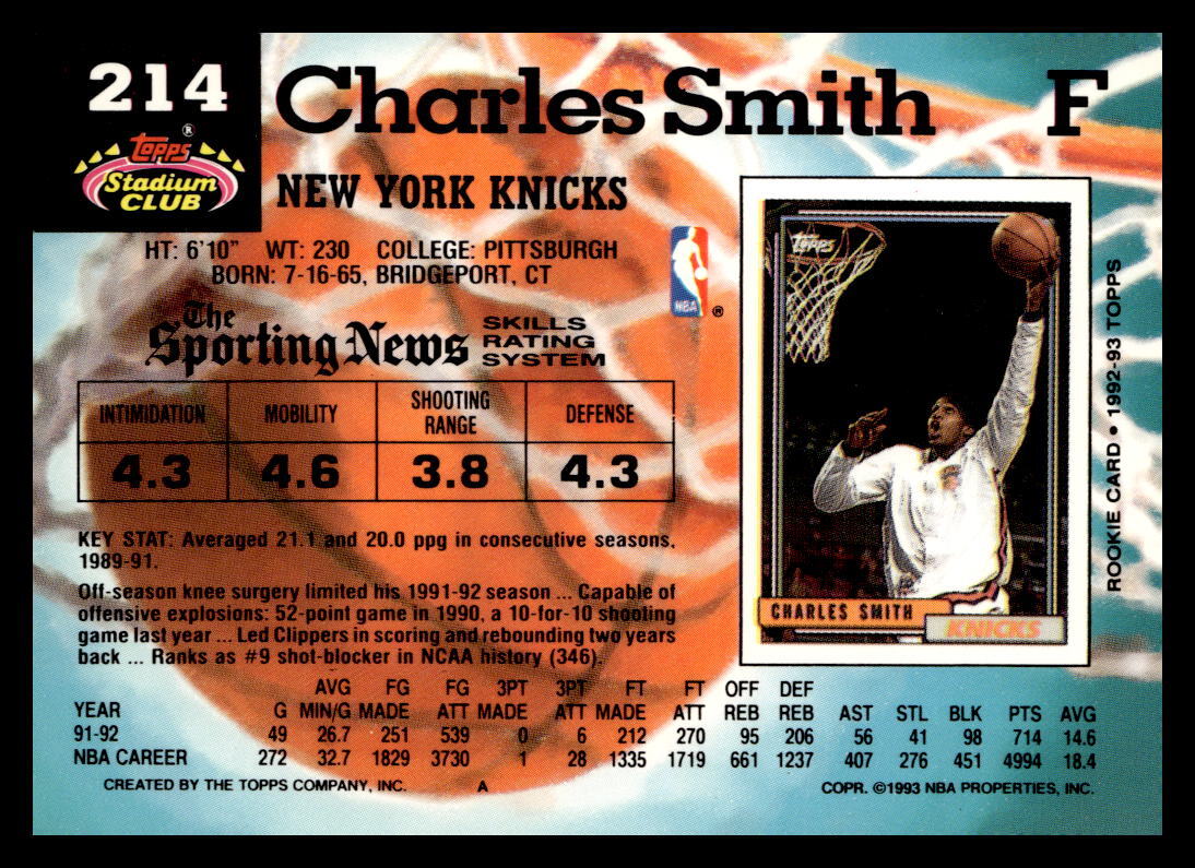 1992-93 Stadium Club #214 Charles Smith New York Knicks Basketball
