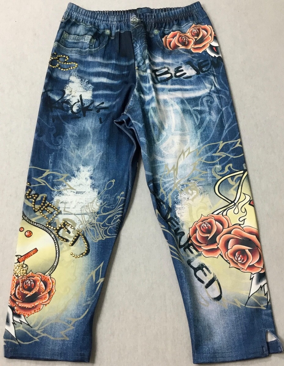 Jin Bejeweled Capri Leggings Susan Fixel Faux Denim Jeans 0131S 20”W