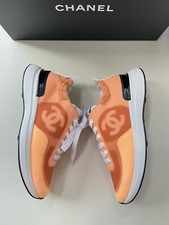 Chanel Denim Suede Calfskin Neon Orange CC Logo Trainers Sneakers 36.5 NIB