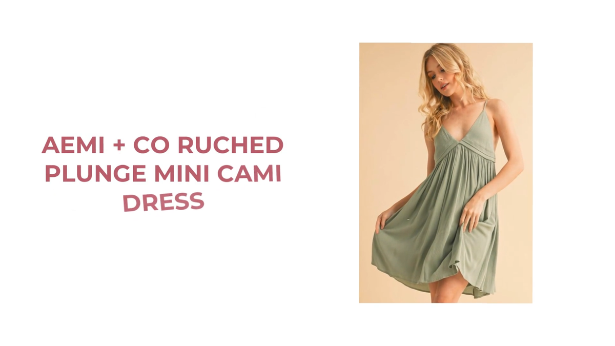 Aemi Co Ruched Plunge Mini Cami Dress