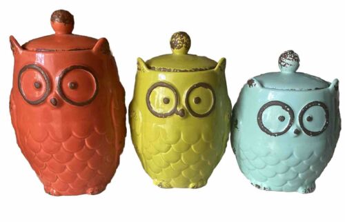 Owls Rustic Cookie Jar/Canister Matching Set Of 3 Orange, Green & Blue , Kitchen - Picture 1 of 14