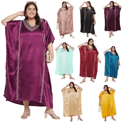 Women Satin Silk Kaftan Party Maxi Gown Plus Size Kimono Caftan Casual Dress