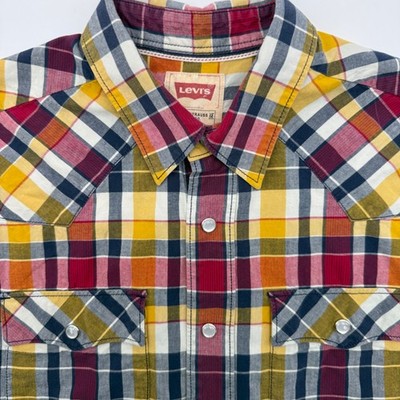 Levi's Western Shirt Mens M Multicolor Plaid Short Sleeve Pearl Snap Cotton