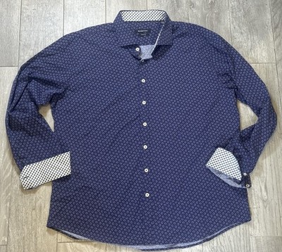 Bugatchi Shirt Mens 3XL Blue Geometric Strawberry Contrast Flip Cuff Shaped Fit
