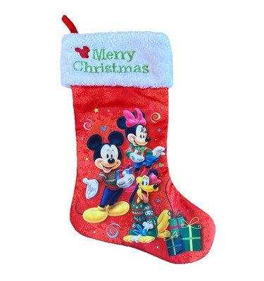 Disney Mickey Minnie Mouse Pluto Embroidered Merry Christmas stocking Red Plush