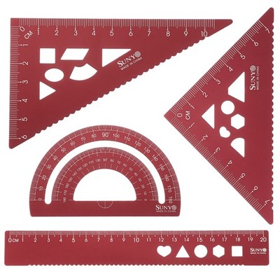 4pcs Triangular Ruler Set 20cm Aluminum Ruler Geometric Protractor Red