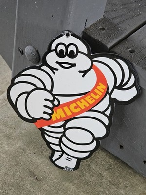 VINTAGE MICHELIN MAN TIRES PORCELAIN ADVERTISING DOOR SIGN WHEELS TIRE 9'' X 7''