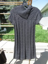 Nine West Grey Cable Knit Petite Small Sweater Dress Foldover Neck Short Sleeve