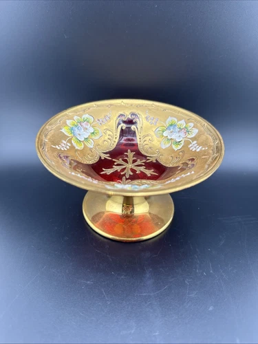 Vtg Murano Italy Venetian Glass Ruby Red & gold gilt Pedestal Dish 2 3/8"H 1950s