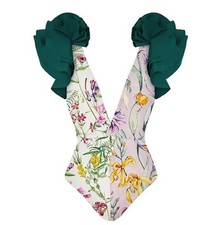 Women Size L One Piece Floral Leaf Print Plunge Neck Ruffle Sleeve Swimsuit