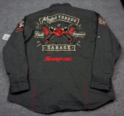 Snap-On Tools Work Shirt Mens L Gray Embroidered Button Up Long Sleeve Oil Can