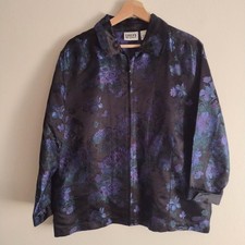 Chicos Silk Blend Brocade Jacket L Dark Blue Floral on Black Zip Blazer Sz 2