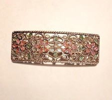Ornate Vintage Filigree French Hairclip, Rhinestones, Silver Pink