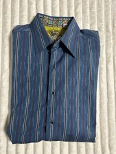 Robert Graham Blue Striped Classic Fit Button Down Dress Shirt W/ Flip Cuffs Med