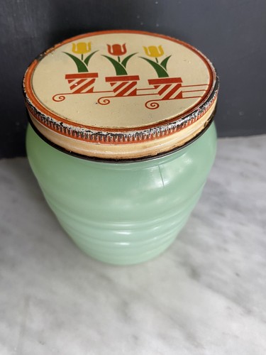 Vintage Retro 40er Fire King Jadeit grün Tulpendeckel gerippt Range Fettdose - Bild 3 von 17