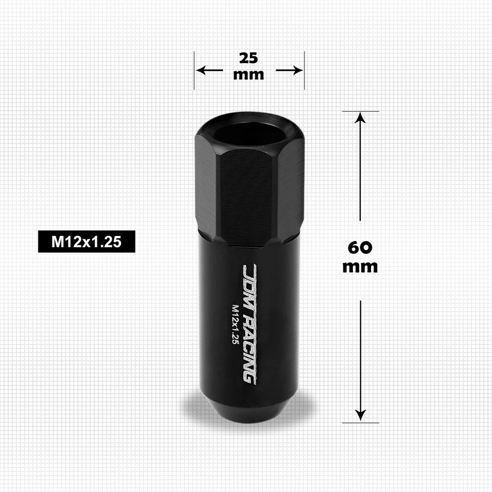 Tuercas hexagonales de bellota de extremo abierto JDM negras M12X1.25 + extensión 25 mm x 60 mm 20 piezas Foto 3 de 4
