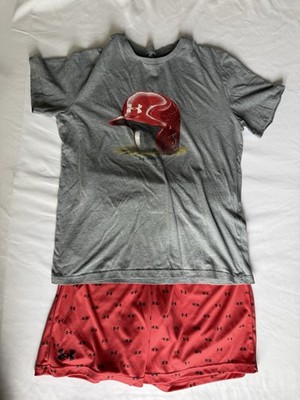 Under Armour Boys YXL 2-Piece Outfit Set Gray Graphic Tee Red Shorts Baseball