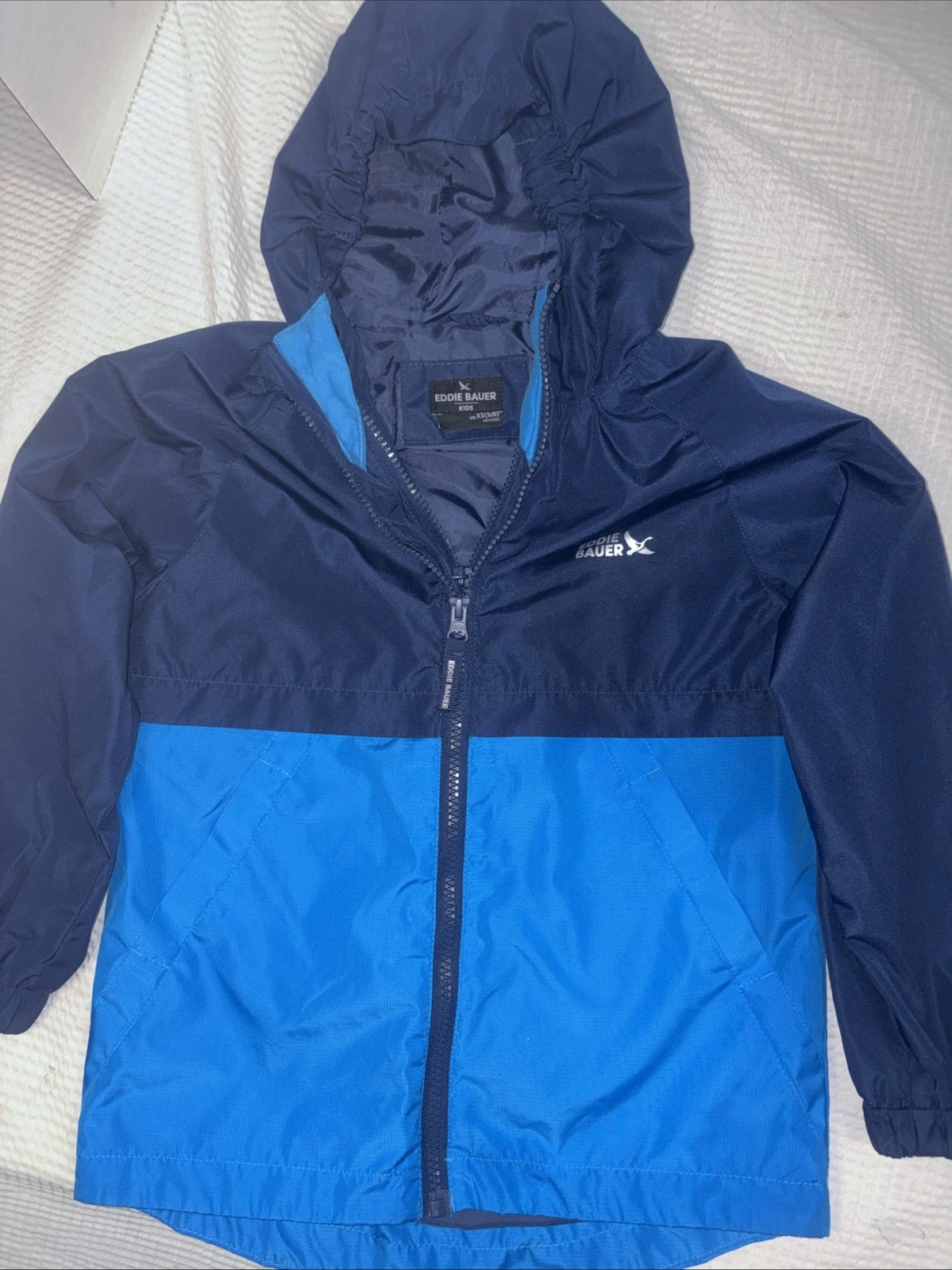 Eddie Bauer Kids Waterproof Jacket XS (5-6) Blue & Navy Full Zip Hood