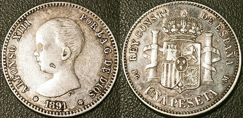 Espagne - Alfonso XIII - 1 peseta argent 1891 PG-M, Madrid TTB + ! KM#691