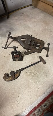 Antique Pipe Vice, Vintage Pipe Vice, And Pipe Cutter. 3 Tool Bundle. Rusty