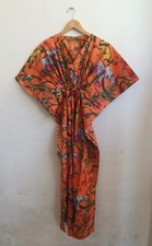 Indian Orange Cotton All Animals Cotton Kaftan Dress Night Maxi Dress Gown US