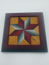 Star Quilt Parquetry Hand Painted And Pieced, 5x5 Inches. Framed Wood Quilt.