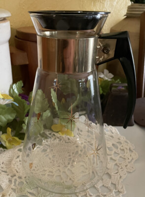 Corning Ware Coffee Carafe & Lid Glass Atomic Starburst Gold Star 6 Cup .
