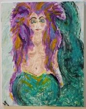 Art Original Painting MERMAID  Artty Bohemia. Purple Hair Mystical Partial Nude