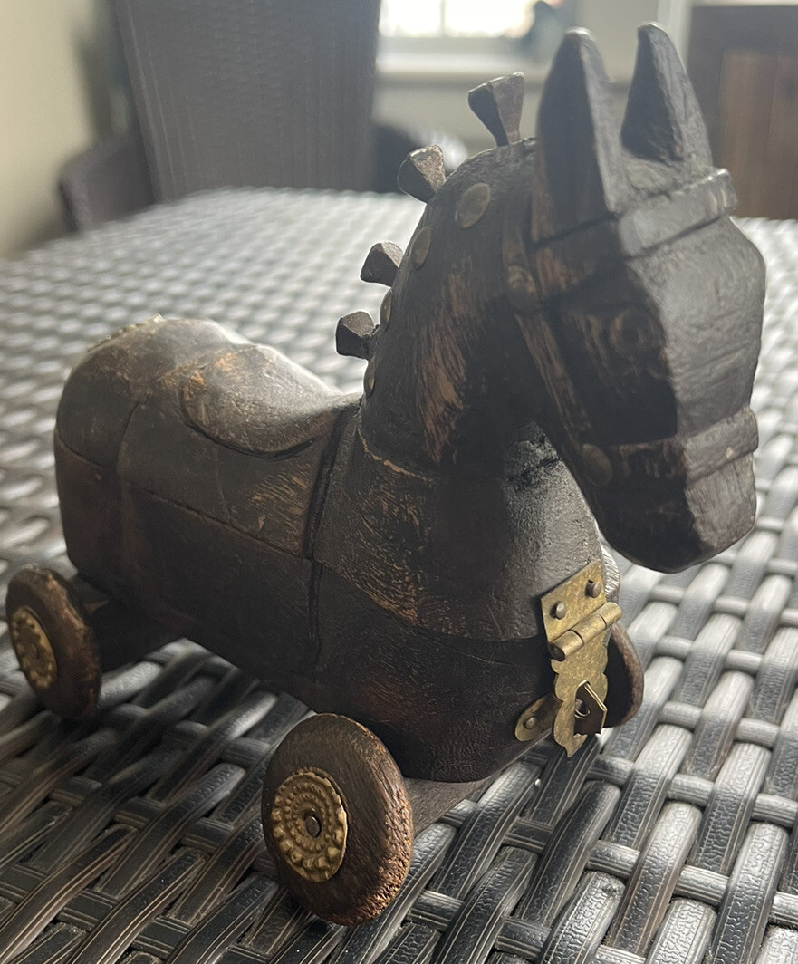 Folk Art Rustic Wooden Trojan Horse Hidden Compartment | eBay
