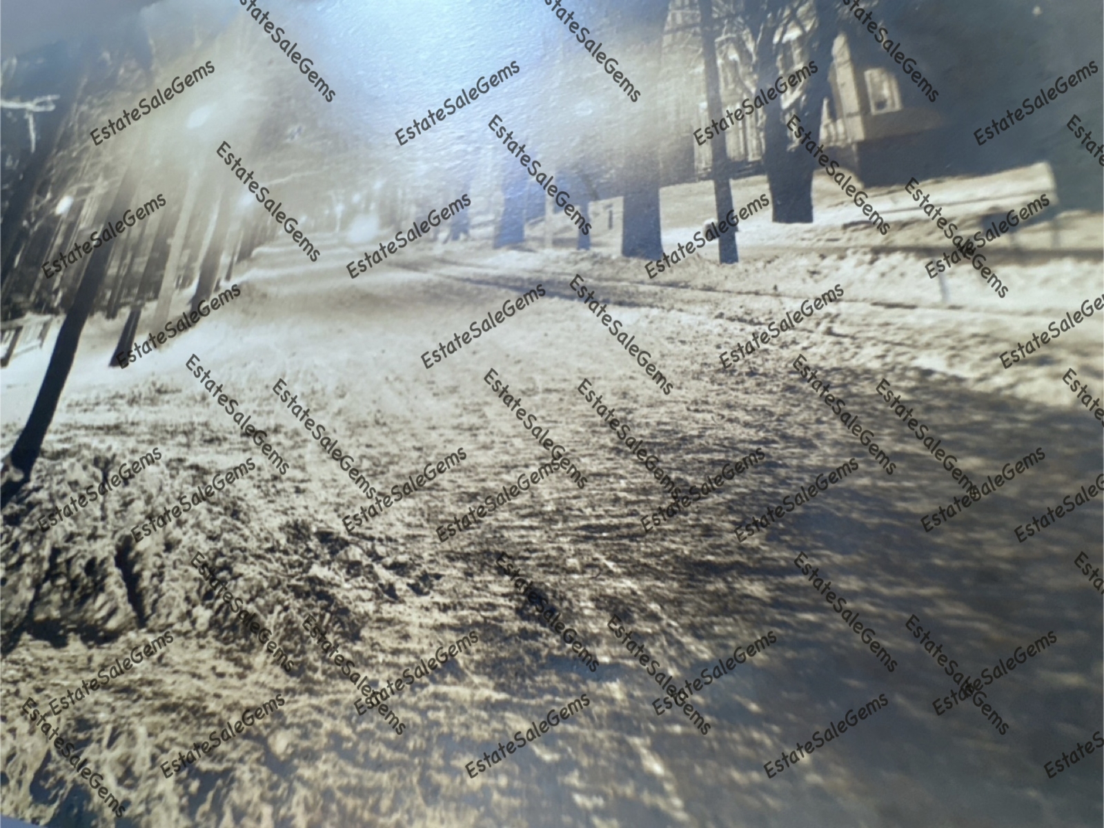 Antique RPPC 1917 nighttime snowy street scene Real Photo Postcard 