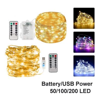 50/100/200 LED String Fairy Lights Micro Rice Wire Copper Battery USB Operated