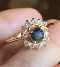Antique Style Gold Tone Blue Sapphire - CZ Elegant Cocktail Ring