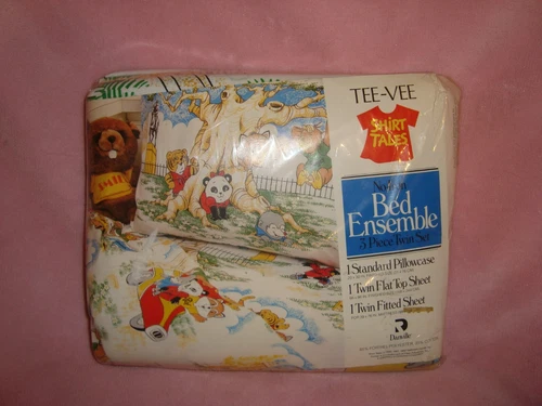 Vintage Shirt Tales 3 Piece Twin Set pillowcase, flat, & Fitted Bed Sheets NIP