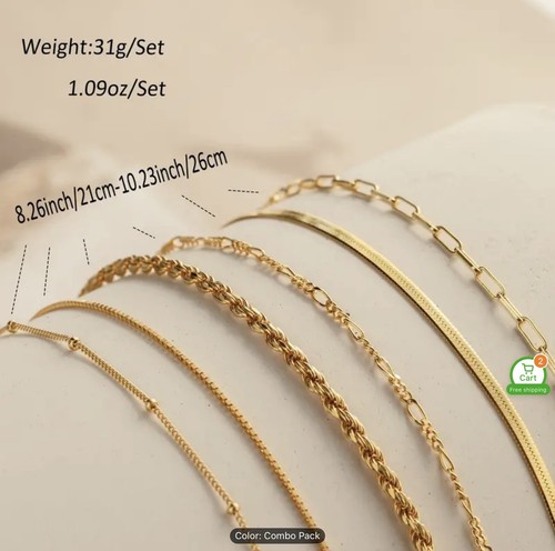 6 Pcs Set Minimalist Stackable Thin Golden Chain Ankle Set Boho Style - Picture 3 of 6