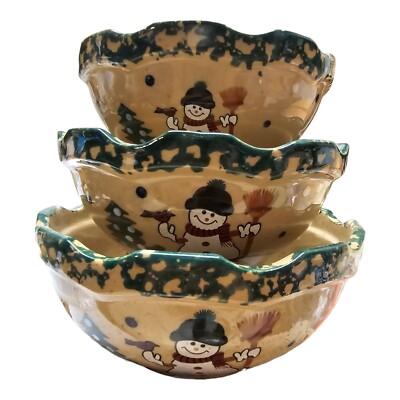 3 Pottery Mixing Serving Bowls Snowman Winter Scene Oven Microwave Freezer Safe