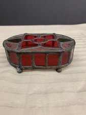 VTG Stained Glass Oval Jewlery/Trinket Box Flower Footed Red Green 5.25"X 3.5"