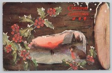1907 Raphael Tuck Oilette Christmas Robin Holly Cabin Glitter Postcard