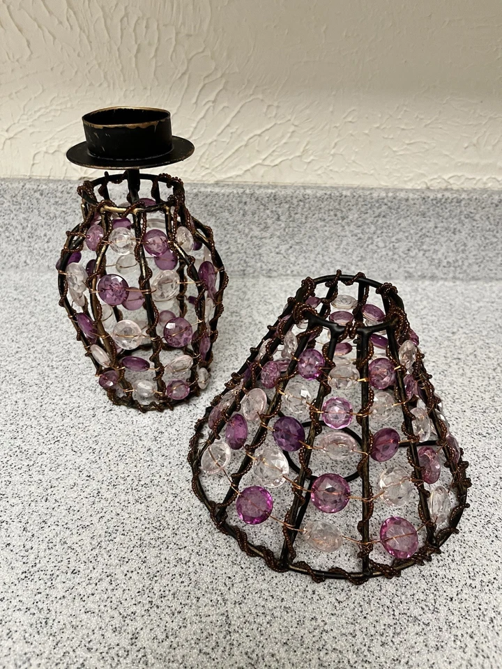 "Lámpara portavelas con cuentas de cristal púrpura 10"" decoración de mesa boho" Foto 2 de 4