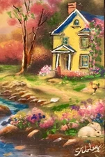 ORIGINAL 2.5x3.5” ACEO Sibley Painting Colorful Watercolor “FLOWER COTTAGE” #12