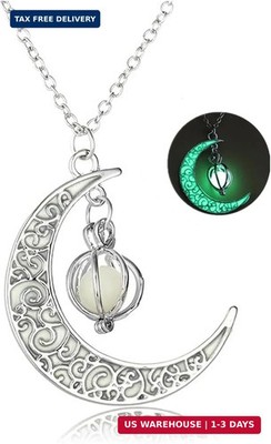 Glow in The Dark Silver Crescent Moon and Orb Necklace - Glowing Blue Moon Charm