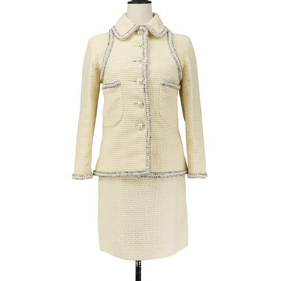 CHANEL Pearl COCO Mark Button Tweed Jacket Skirt Set Size 34 Ivory Women USED