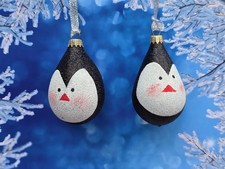 Set 2 New Christmas Ornaments blown Glass Glittered Penguin teardrop
