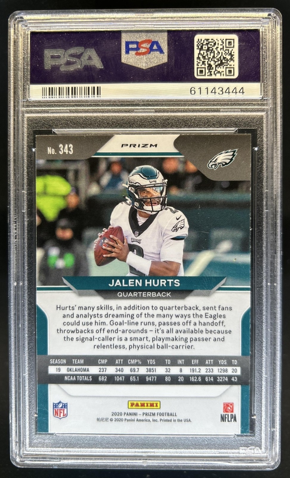 2020 Panini Prizm Jalen Hurts RC Lazer Rookie #343 Eagles PSA 9 view 2