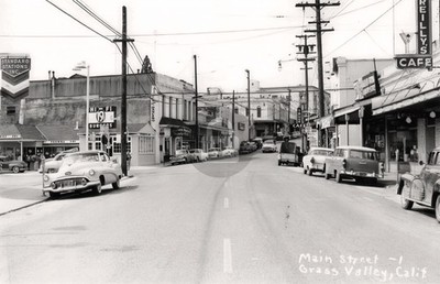 Grass Valley CA Main St. Hi Fi Burgers Coca Cola Cars c1952 RPPC Postcard COPY